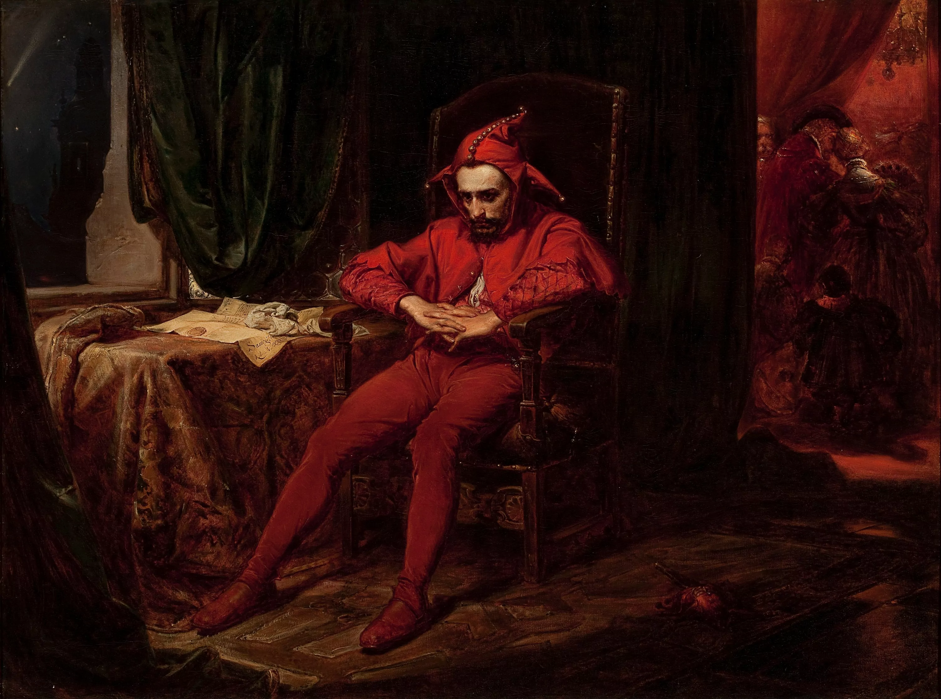 A scarlet-clad jester sits in a dark chamber, lost in thought.