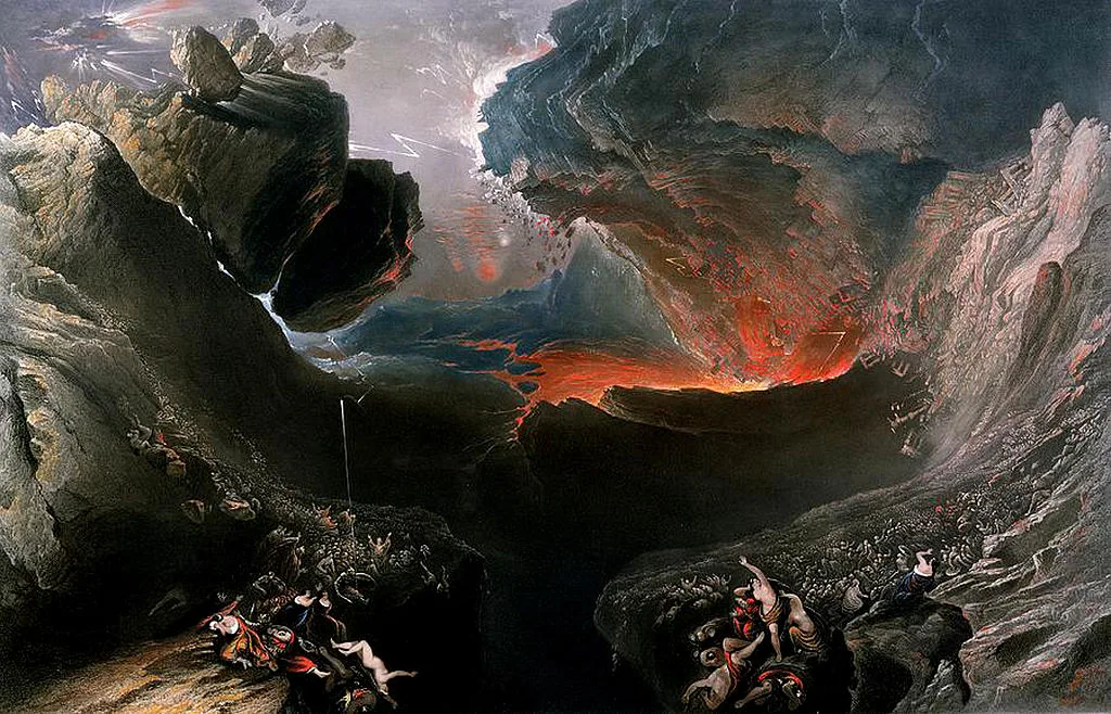Apocalyptic landscape with rocky cliffs, fire, and falling figures.