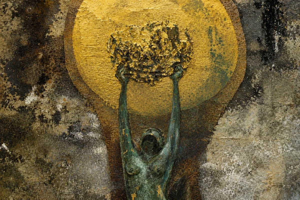 A textured painting of a green figure raising a dark orb against a golden halo