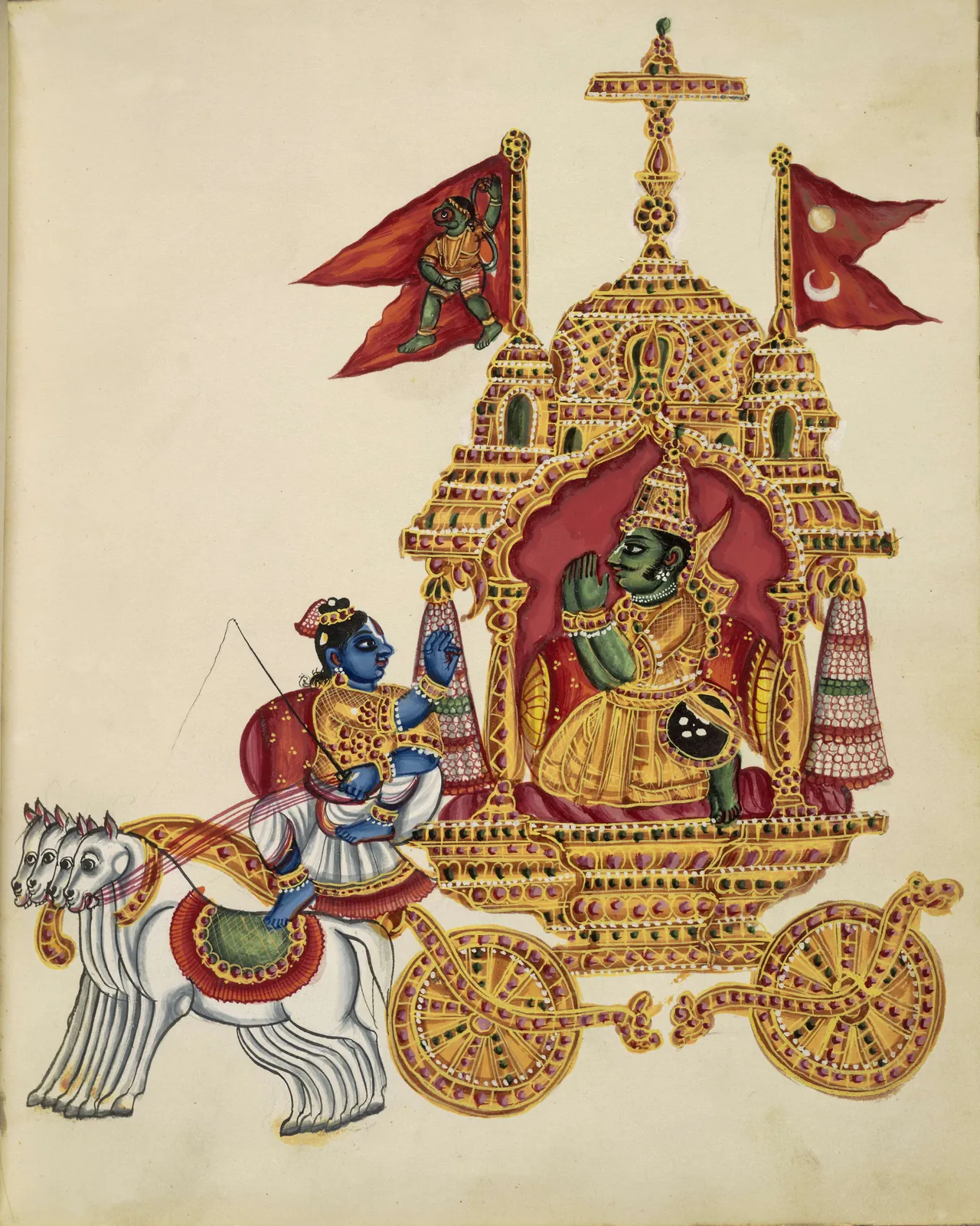 Krishna teaching Arjuna in their canopied chariot, drawn by four white horses